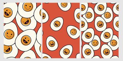 lächelnd Eier nahtlos Muster. komisch Vektor Formen auf Orange Hintergrund. Hintergrund mit Karikatur Farbe druckbar zum Textur Kind Tuch, Tabelle Tuch, Verpackung Papier, Hintergrund, Stoff und Textil.