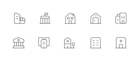 byggnader linje ikon uppsättning. Bank, skola, tingshus, universitet, bibliotek. arkitektur begrepp. vektor
