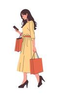 Einkaufen Frau Gehen während suchen beim Handy, Mobiltelefon Telefon vektor