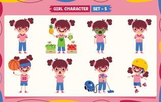 tecknad serie flicka håller på med olika aktiviteter vektor