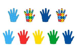 Vektor farbig Kinder Palmen, Palme gemacht von Puzzle Stücke. Autismus Tag Bewusstsein, Kinder Hand. Design zum Karte, Poster, Buchten, Textil, Stoff, Geschenk Papier.