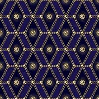 abstrakt geometrisch Muster mit Sechsecke, golden realistisch Schmuck Ketten, Perlen auf dunkel Blau Hintergrund. Jahrgang geometrisch Hintergrund. klassisch Eleganz Design. vektor
