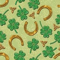 st Patricks Tag nahtlos Muster mit Kleeblatt, Glücklich Kleeblatt, Triskele keltisch Knoten, golden Staub, Hufeisen Amulett. Jahrgang festlich Illustration zum Drucke, Textil, Oberfläche Design vektor