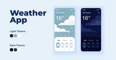 prognos tecknad smartphone gränssnitt vektor mallar set. mulet för klimatet. mobilapp skärmsida dag och mörkt läge design. väder ui för applikation. telefondisplay med platt tecken