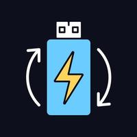 Wiederaufladbare Lithium-Ionen-Batterie RGB-Farbsymbol für manuelles Label für dunkles Thema. isolierte Vektor-Illustration auf Nachtmodus-Hintergrund. einfache gefüllte Strichzeichnung auf Schwarz für Anweisungen zur Produktverwendung vektor