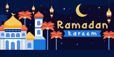 ramadan kareem horisontell baner affisch illustration med moské, lyktor, och träd vektor