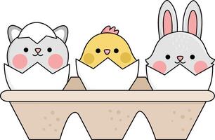 vektor förpackning med ägg och skuggning söt djur. påsk illustration med söt katt, brud och kanin Sammanträde i skal. söt vår ikon för barn