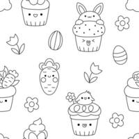 Vektor schwarz und Weiß kawaii Ostern nahtlos Muster zum Kinder mit komisch Cupcakes. süß Frühling Karikatur wiederholen Hintergrund oder Färbung Buchseite. Digital Papier mit farbig Eier, Kuchen, Karotte