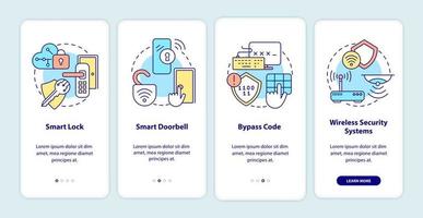 Home Automation Onboarding mobiler App-Seitenbildschirm. Haussicherheitstools. Smart House Walkthrough 4 Schritte grafische Anweisungen mit Konzepten. ui, ux, gui-Vektorvorlage mit linearen Farbillustrationen vektor