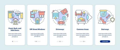 Platzierung von Überwachungskameras beim Onboarding der mobilen App-Seitenseite. Home Protection Walkthrough 5 Schritte grafische Anweisungen mit Konzepten. ui, ux, gui-Vektorvorlage mit linearen Farbillustrationen vektor