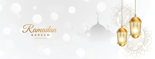 Ramadan kareem Weiß Banner mit golden islamisch Laterne vektor