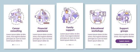 onkologihjälp ombord på mobilappsidan med koncept. sjukdom behandling genomgång fem steg grafiska instruktioner. cancerrådgivning. ui vektor mall med rgb färg illustrationer