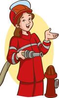 Porträt weiblich Feuerwehrmann im Uniform. glücklich Feuerwehrmann mit Schlauch im Hand. weiblich Feuerwehrmann Stehen mit Fachmann Ausrüstung. Vektor Illustration auf Weiß Hintergrund
