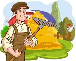 Vektor Illustration von ein Farmer mit ein Rechen im Vorderseite von ein Bauernhof Haus