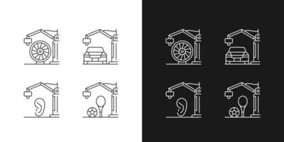 linjära ikoner för tillverkningsprocessen inställda för mörkt och ljust läge. 3d-skriven bil. flygindustrin. anpassningsbara symboler för tunna linjer. isolerade vektor disposition illustrationer. redigerbar stroke