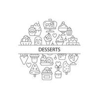 Verschiedene Desserts abstraktes lineares Konzept-Layout mit Überschrift. Süßigkeiten Sammlung minimalistische Idee. Café-Menü für Desserts. dünne Linie grafische Zeichnungen. isolierte Vektorkontursymbole für den Hintergrund vektor