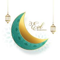 eid mubarak vit lyckönskningar kort med elegant halvmåne och fanoos vektor