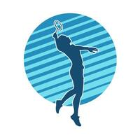 silhuett av en smal kvinna idrottare håller på med badminton sport. silhuett av en kvinna badminton sport spelare i verkan utgör. vektor