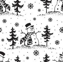 sömlös mönster av jul snögubbe svart och vit med snöflingor och tall träd- jul svart och vit illustration vektor