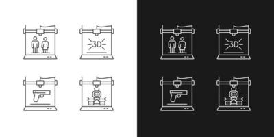 producera 3D-modeller linjära ikoner inställda för mörkt och ljust läge. robottillverkning av tillsatser. vapentillverkning. anpassningsbara symboler för tunna linjer. isolerade vektor disposition illustrationer. redigerbar stroke