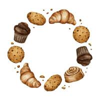 Croissant, spiralförmig Zimt rollen, Kekse, Muffin. Gebäck. Bäckerei Essen Konzept. Aquarell rahmen. Bäckerei Produkt. zum Design von Etiketten und Verpackung von Waren, Karten, Logo zum Backhaus und Bäckerei. vektor