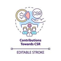 Beiträge zum CSR-Konzept-Symbol. Geschäft spendet Geld und Dienstleistungen abstrakte Idee dünne Linie Illustration. nachhaltige Entwicklung. Vektor isolierte Umriss-Farbzeichnung. bearbeitbarer Strich