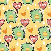 sömlös mönster av söt krokodil håll hjärta på gul bakgrund.reptil djur- karaktär tecknad serie design.valentines dag.kärlek.bebis clothig.kawaii.vector.illustration. vektor