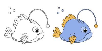 süß Fisch Karikatur Färbung Seite Illustration Vektor. zum Kinder Färbung Buch. einfarbig und Farbe Ausführung. Vektor Kinder Illustration