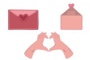 brev och händer i en hjärta form platt design valentines uppsättning vektor