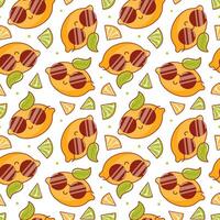 Häftigt citroner i solglasögon, en söt retro tecknad serie karaktär. häftig årgång sommar sömlös mönster. trendig gammal stil. 1970-talet. tropisk exotisk frukter. friska mat. för meny, Kafé, tapet. veganär. vektor