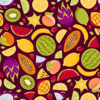 tropisk exotisk frukter. sömlös mönster i årgång stil. färsk citron, kalk, vattenmelon, pitahaya drake, stjärna frukt, papaya, mango och kiwi. friska mat. persika ludd. veganär. meny, Kafé vektor