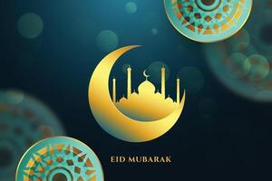 eid mubarak dekorativ bakgrund med gyllene måne och moské vektor