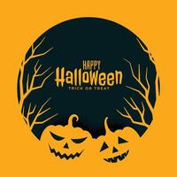 flacher glücklicher halloween-gelber hintergrund mit bäumen und kürbisen vektor