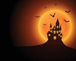 skrämmande besatt slott med gul måne och flygande fladdermöss vektor