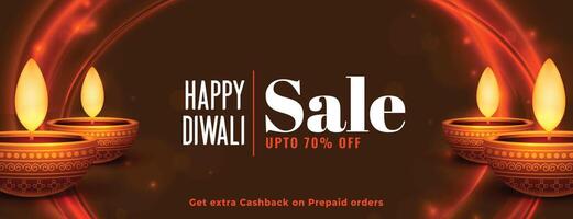 glücklich Diwali Verkauf Banner mit glühend Diya und Beleuchtung Design vektor