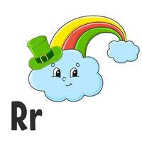 alfabetet bokstaven r. regnbåge i hatt. abc flash-kort. tecknad söt karaktär isolerad på vit bakgrund. för barnens utbildning. utveckla arbetsblad. lära sig bokstäver. vektor illustration.