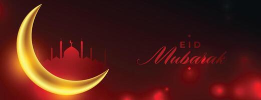 eid Mubarak glänzend rot Banner mit realistisch golden Mond Design vektor