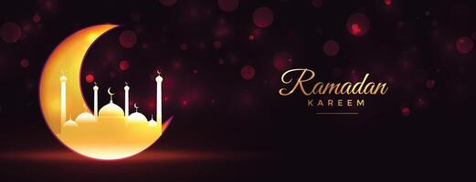 ramadan kareem måne och moské skinande gyllene baner design vektor