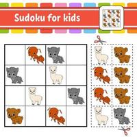 Sudoku für Kinder. Arbeitsblatt zur Bildungsentwicklung. Aktivitätsseite mit Bildern. Puzzle-Spiel für Kinder. Tiere setzen. isolierte Vektor-Illustration. lustiger Charakter. Cartoon-Stil. vektor