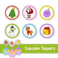 cupcake toppers. uppsättning av sex runda bilder. jultema. seriefigurer. söt bild. för födelsedag, fest, babyshower. vektor