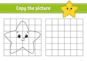 Cartoon-Star. kopiere das Bild. Malbuchseiten für Kinder. Arbeitsblatt zur Bildungsentwicklung. Spiel für Kinder. Handschrift üben. lustiger Charakter. niedliche Cartoon-Vektor-Illustration. vektor