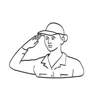 amerikansk kvinnlig veteransoldat eller militär personal som hälsar linjekonstteckning svart och vitt vektor