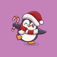 pingvin tecknad dans med godisrör och julhatt söt pingvin håller godisrör jul vektor