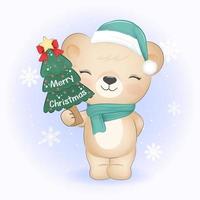 söt liten björn håller julgran. julsäsong illustration. vektor