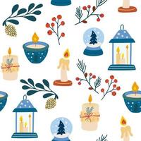 Weihnachten Elemente nahtlose Muster. Kerzen Kristallkugel Zweige Zapfen und Beeren. Vektor-Winterferien-Druck für Textilien, Tapeten, Stoff. vektor