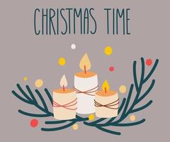 Weihnachtszweig mit Feuerkerzen. Frohes neues Jahr oder Weihnachtskarte. perfekt für Grußkarten, Einladungen, Flayers. glänzende Winterdekoration Vektor-Cartoon-Illustration. vektor
