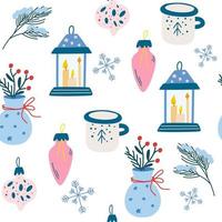 Weihnachten Artikel nahtlose Muster. Tannenzweige Taschenlampe mit Kerzen Spielzeug Kugeln und Becher. Hygge-Konzept. perfekt für Einladungen, Grußkarten, Tapeten und Geschenkpapier. Vektor-Illustration. vektor