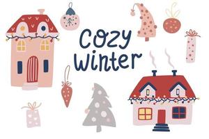 gemütlicher Winter. Satz von Weihnachtselementen. Winterhäuser, Geschenke, Spielzeug und Dekorationen. perfekt für Scrapbooking-Grüße, Grüße, Einladungen, Tags. Vektor-Hand zeichnen Cartoon-Illustration. vektor