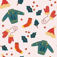 Winterkleidung nahtloses Muster. Weihnachtspullover, Mütze, Handschuhe und Stricksocken. Weihnachtsverpackung, Tapete, Stoff und Textil. Vektor-Cartoon-Hintergrund. vektor