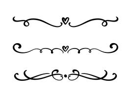 Vektor vintage linje eleganta valentin uppdelare och separatorer, virvlar och hörn dekorativa ornament. Blommor linjer filigran design hjärtelement. Blomstra krulelement för inbjudan eller menysida illustration